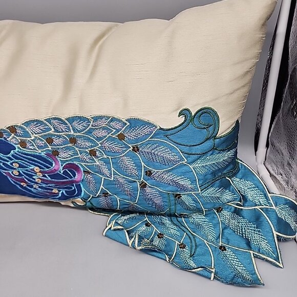 Thro Mario Lopez Peacock Lumbar 9”x18” Pillow Embroidered BEAUTIFUL - Picture 3 of 5